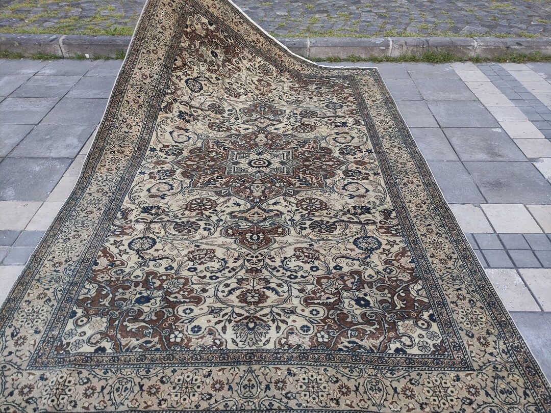 Oversized Neutral Turkish Kayseri Rug: Vintage Boho Area Rug (6.33 X 9. ...
