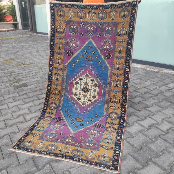 3 x 6 uniek Kayseri Yahyali-tapijt 3,18'' x 6,2'' blauw, paars vintage tapijt, keukentapijt, lopertapijt, Anatolisch tapijt, handgemaakt boho-tapijt