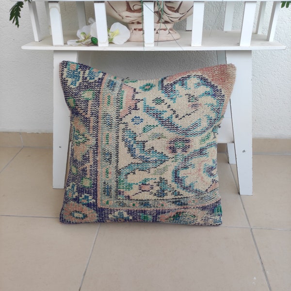 Huge Pillow , Turkish rug pillow , 20''x20'' turquoise , colorful vintage pillow , oversized old pillow case, bed handknotted pillow
