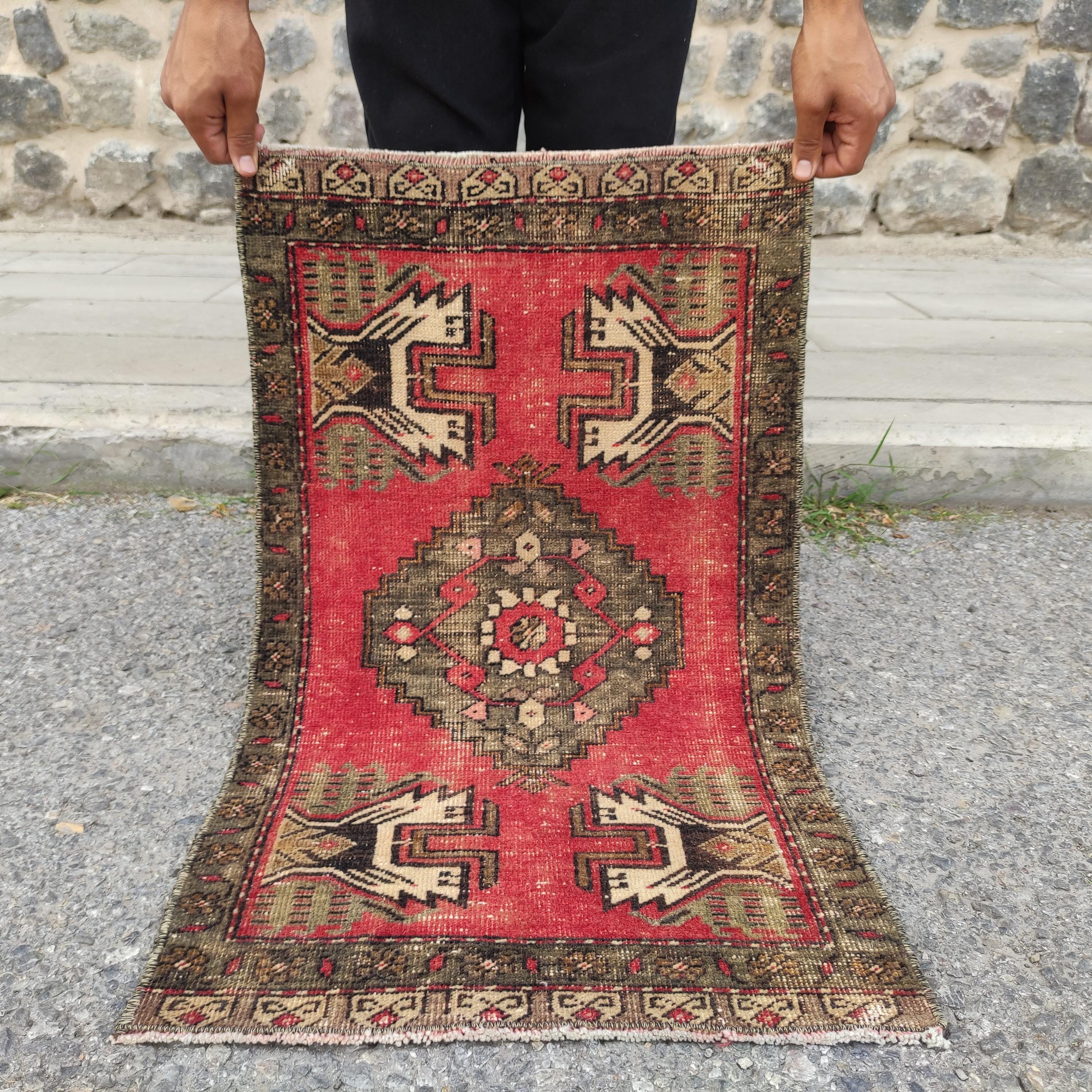 Handmade Turkish Wool Rug: Lovely Red Boho Door Mat (1.64 X 2.82
