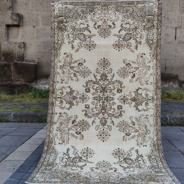 4x7 Moss green , cream Rug , 3.87'' x 6.79'' colorful Area Rug, kitchen rug , designer rug ,Boho handmade rug,anatolian vintage kitchen Rug.