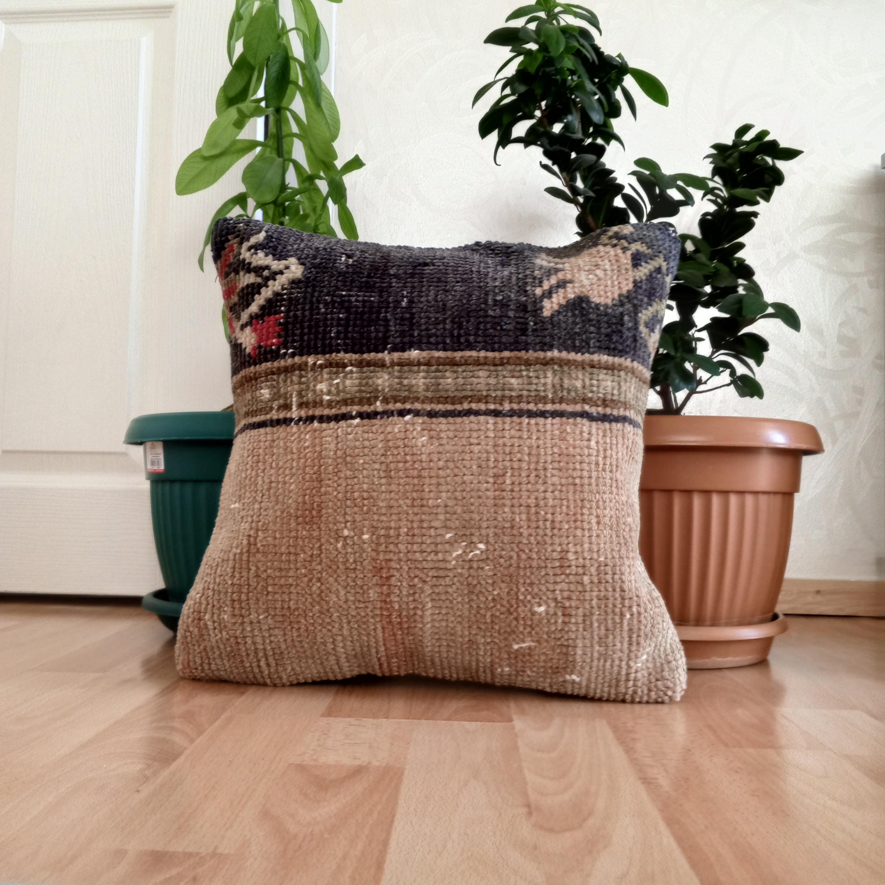 Türkischer Teppich Kissenbezug, Vintage Teppich Kissen, Handgefertigter Vintage Teppich Kissen, 16 '' x 16 '' Lounge Kissen, werfendes Kissen, Boho Kissenbezug,