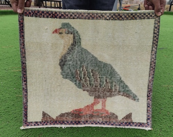Rare find Square Bird Motif Old Door Mat , Small Bathroom Rug , 2x2 Oushak boho rug , 1.9'' x 1.64'' vintage handmade Turkish floor rug