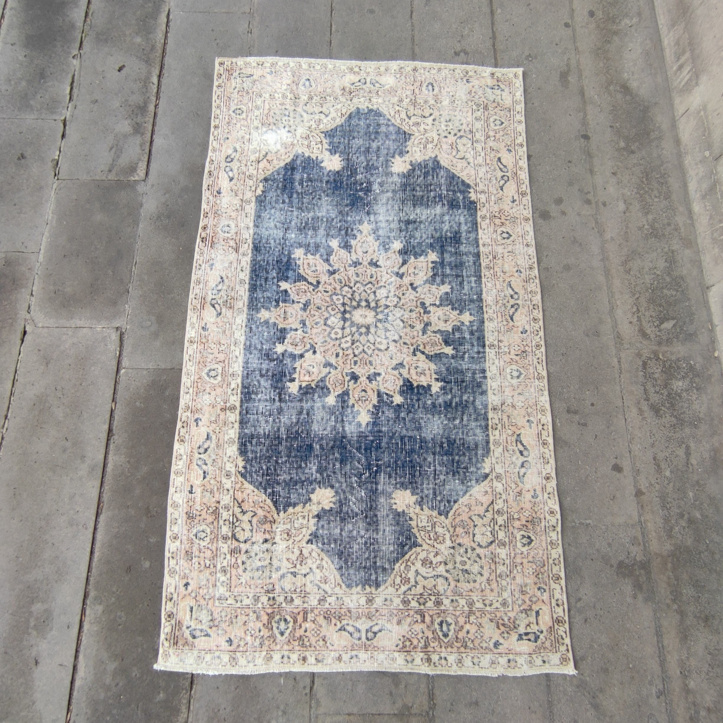 Vintage Turkish Karyola Rug: Navy Blue Boho Wool Rug (3.61