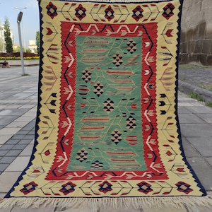 4x6 Wheat and Spike Floral Green,Colorful Vintage rug,Lovely Turkish rug, 3.71&#39;&#39; x 5.61&#39;&#39; area rug,entryway boho kilim rug,aztec kitchen rug