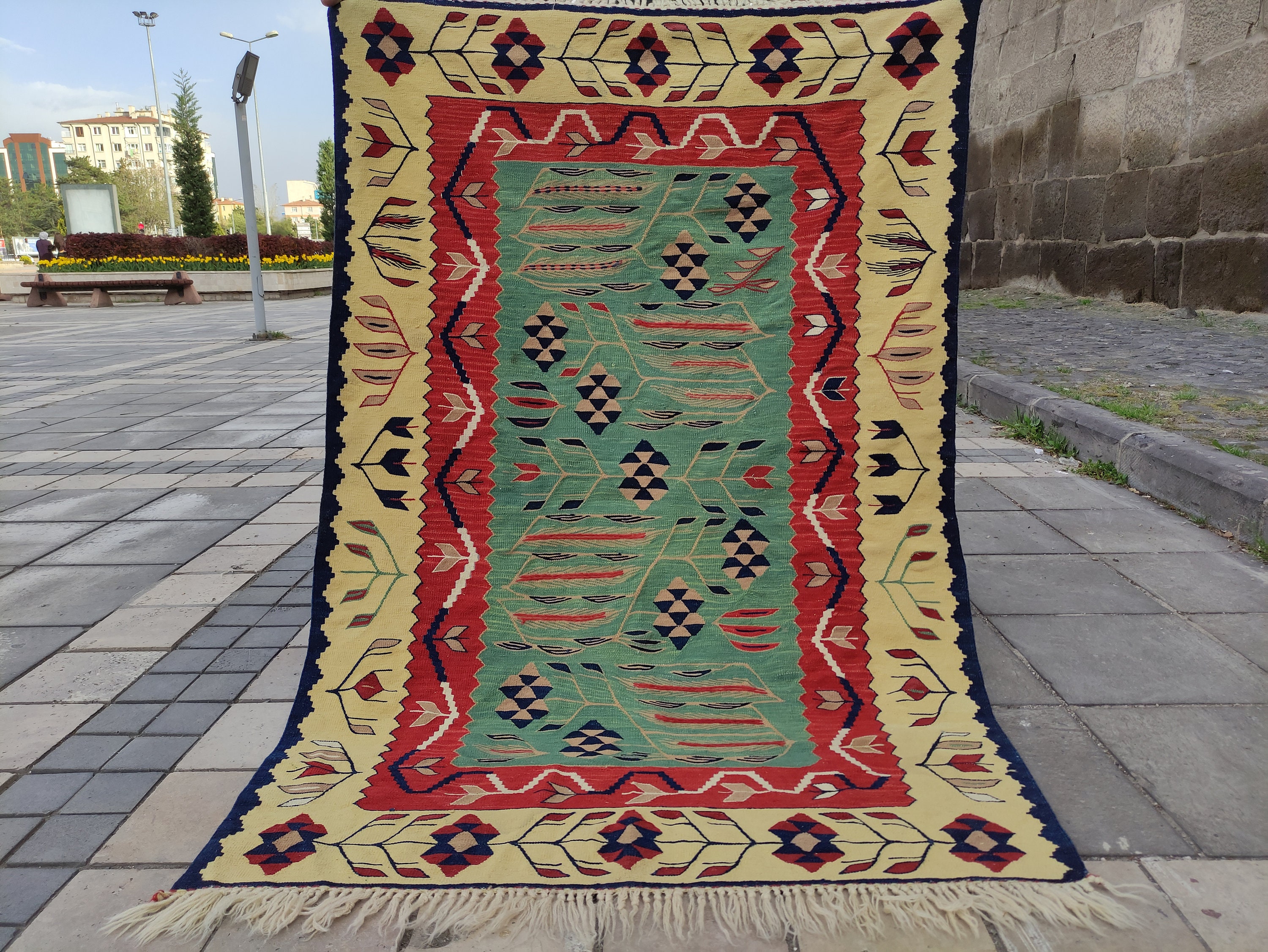 Wheat and Spike Floral Green,colorful Vintage Rug, Lovely Turkish 