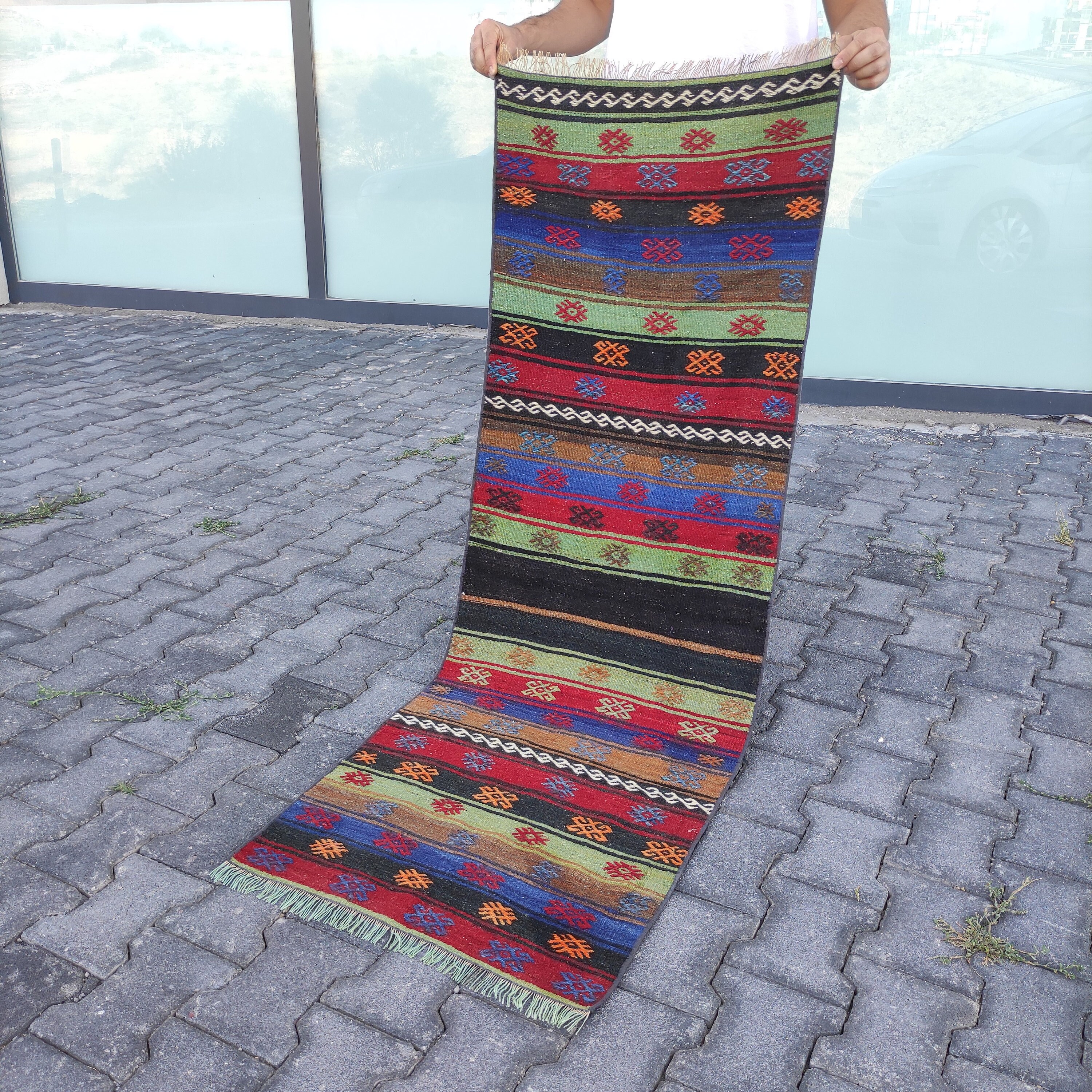 ヴィンテージトルコラグ ヴィンテージトルコキリムラグ：カラフルな廊下用ランナー（1.97