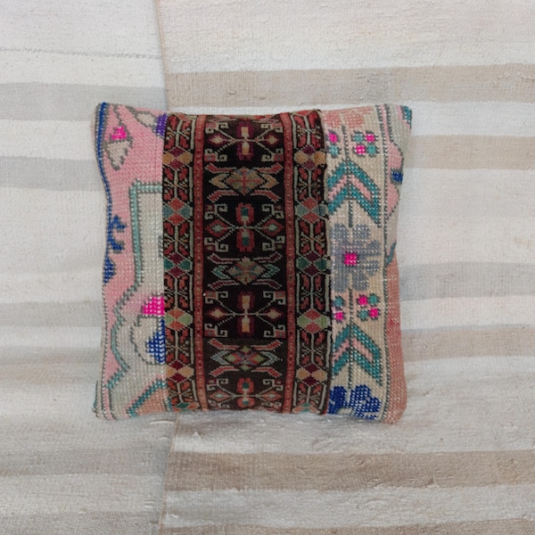 Too old,Colorful Turkish Patchwork rug Pillowcase,Handmade Vintage Rug pillowcase,16'' x 16'' throw pillowcase, boho pillowcase