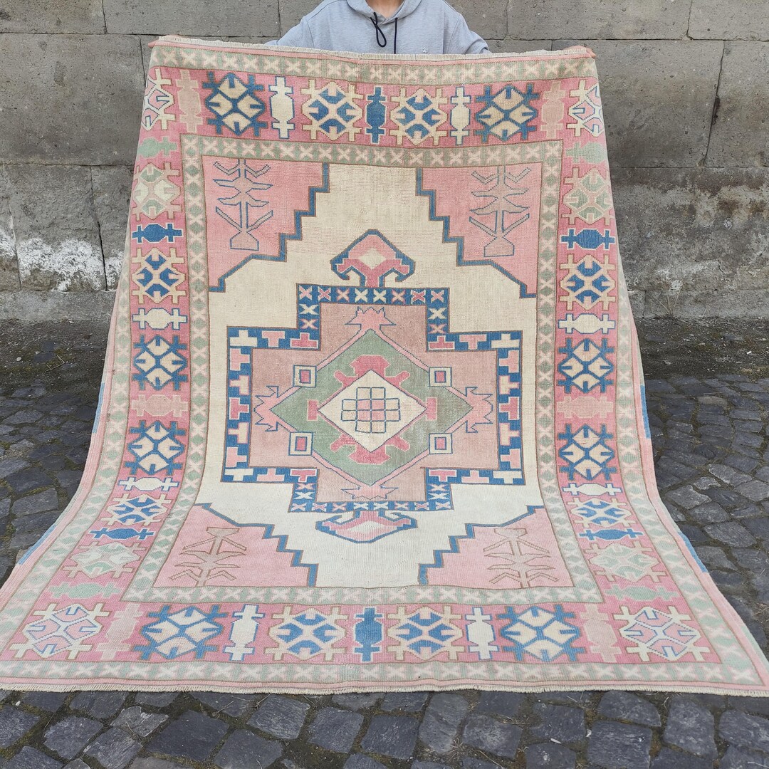 6x7 Rug 6x7 Very Unique Size Antique Washed Old Area Rug , 6 X 7.35 Pink Blue ...