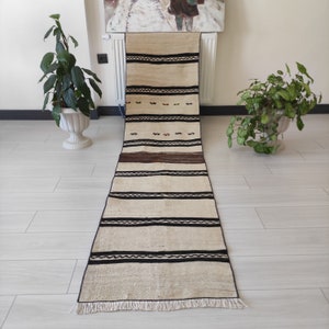 Vintage Turkish Kilim Runner Rug: 2x8 Hallway, Cream Brown Boho