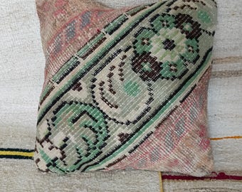 Grüner, vintage türkischer Teppich Kissenbezug, handgefertigtes Vintage Teppichkissen, 16 &#39;&#39; x 16 &#39;&#39; Dekokissen, ethnisches Kissen, Boho Kissenbezug