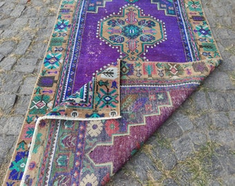 くすみパープル　ヴィンテージラグ　トルコラグ パープルのヴィンテージトルコラグ 4x7：ハンドメイドウールアクセント