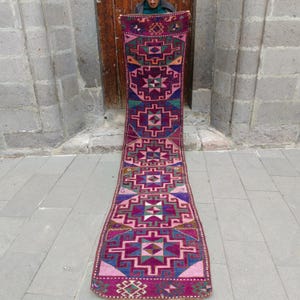 Stunning Vintage Kars Runner Rug: 2.46 x 11.12 ft, Purple Boho Hallway Rug kitchen rug