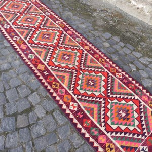 May include: A long, rectangular runner rug with a geometric pattern. The rug features a repeating design of red, orange, green, and pink squares and triangles. The edges are bordered with a white zigzag pattern.