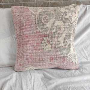 Big Muted Pillow , Turkish rug pillow , 20&#39;&#39;x20&#39;&#39; pale (cream , green, mulberry) vintage pillow , old pillow case, bed handknotted pillow