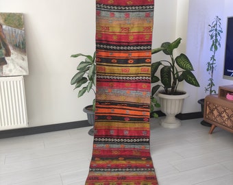 Colorful Turkish Kilim Rug: 2x8 Hallway Runner, Boho Aztec Decor