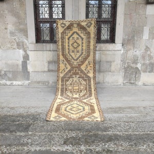 Oushak corridor Runner Rug , Vintage Kitchen Rug , neutral indoor rug, 3.46''x 7.25'' Hallway rug, handmade anatolian decorative vintage rug