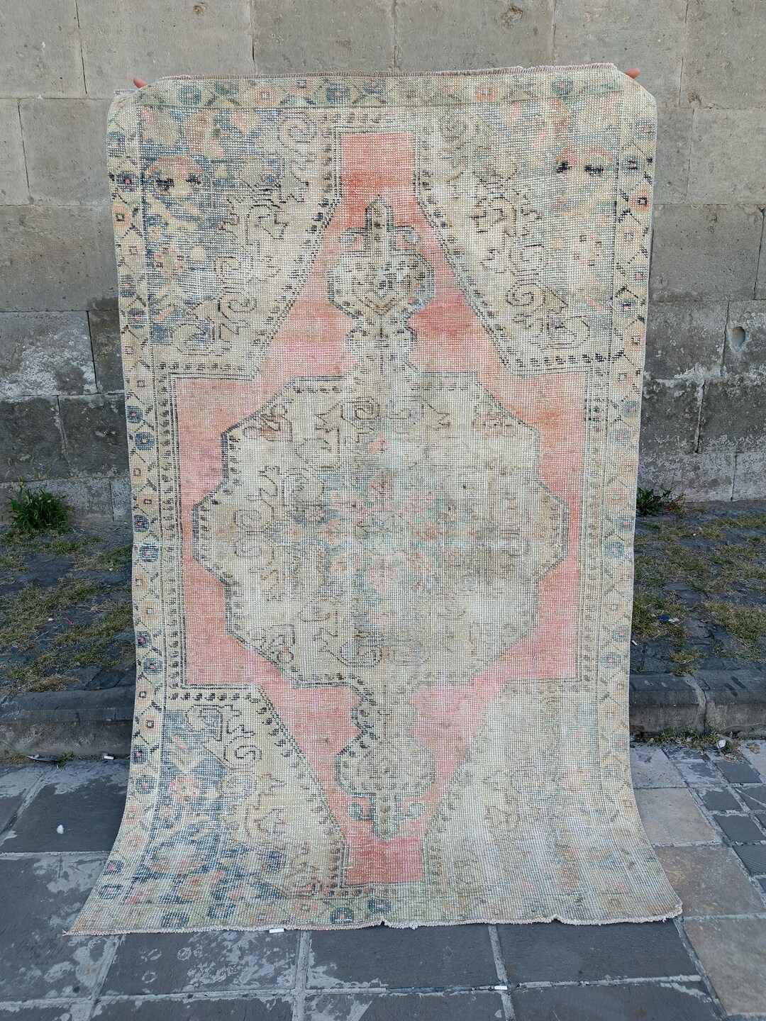Vintage Cappadocian Anatolian Wool Rug (4.4'x7'): Pale Coral Boho ...