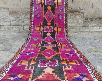 Tapis de cuisine violet à motifs d'étoiles, tapis de couloir vintage 3 x 11 pieds, tapis décoratif turc fait main 3,35 x 10,83 pieds