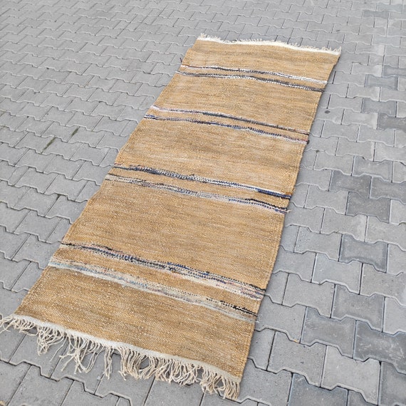 Handgewebter Kelim Teppich Läufer: Beige Boho Flur Dekor (3,15 '' x 23,9 cm)