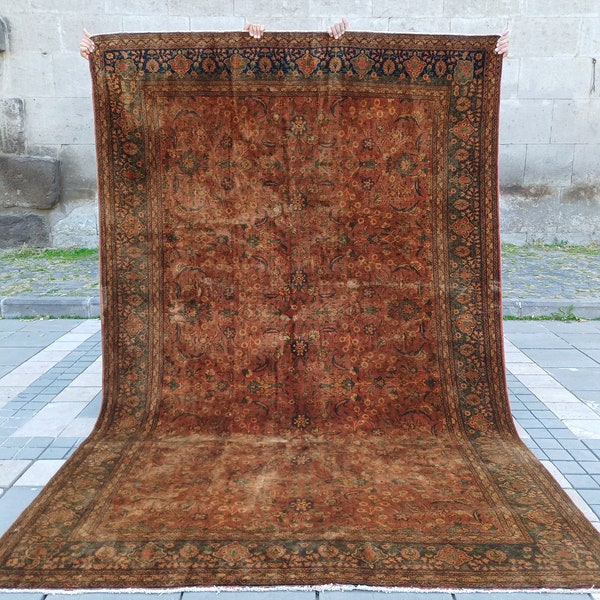 Antique 7x10 Oversized Livingroom rug , 6.53'' x 9.88'' terracotta Rug, tea wash salon rug,Boho bedroom rug, handmade area rug,anatolian rug