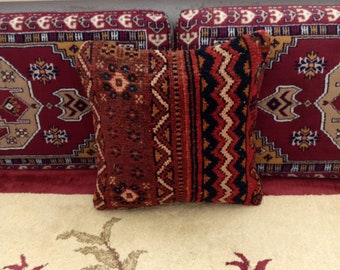 Rot, blaues türkisches Teppichkissen, handgefertigtes Vintage-Teppichkissen, 16 &#39;&#39; x 16 &#39;&#39; Dekokissen, ethnisches Kissen, Boho-Kissenbezug