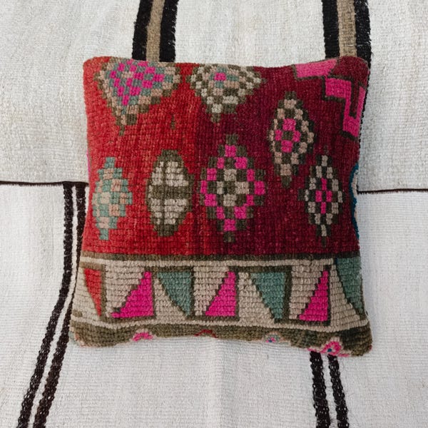 Vintage Turkish Rug Pillow Cover: Handmade Kilim Pillowcase, 16''x16''