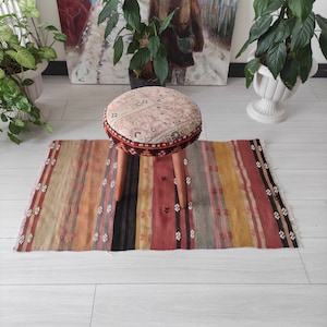 Circle Vintage rug stool , colorful Kilim chair, Ottoman , Turkish rug stool , Handmade stool , old furniture , Handcrafted stool
