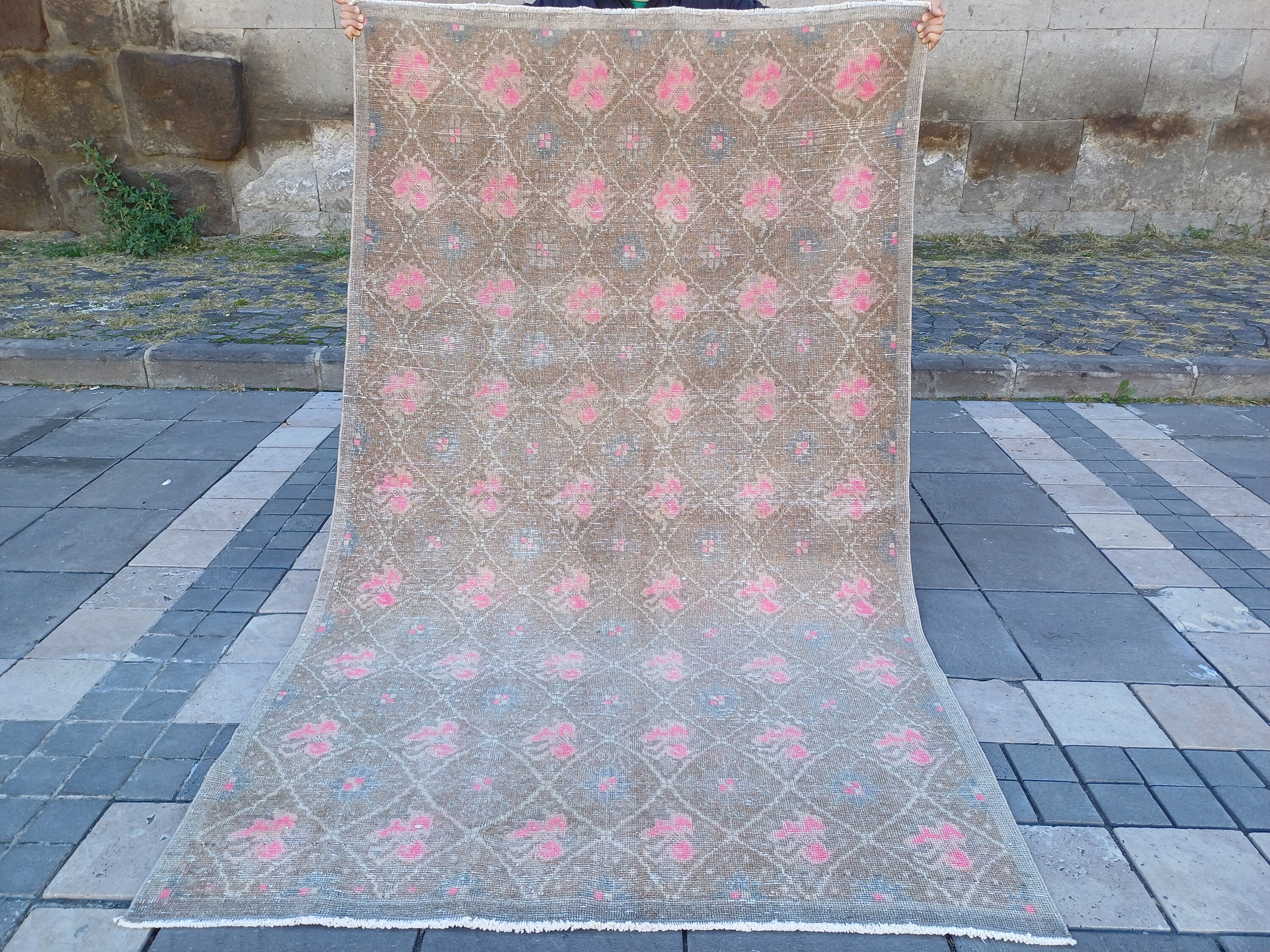Oversized Vintage Turkish Rug: 5x8 Pink & Brown Boho Area Rug