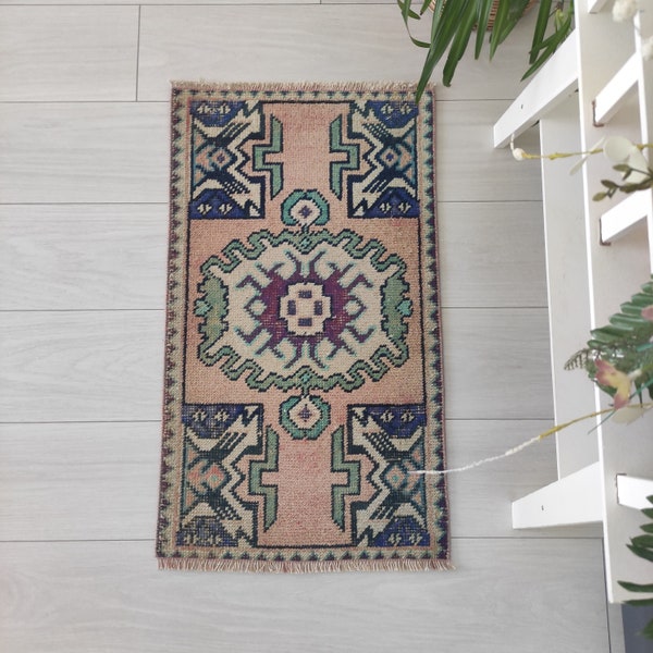 Coral Turkish Rug: Small Vintage Boho Door Mat (1.54'' x 2.69'')