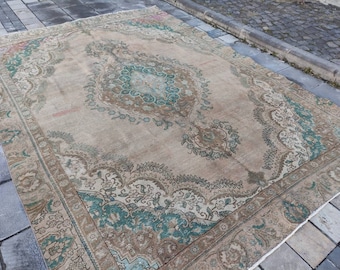 Magnífica alfombra oriental extragrande para salón: 2,57 x 3,60 m, alfombra de lana vintage hecha a mano, alfombra para sala de estar.