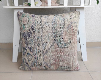 Huge Muted Pillow , Turkish rug pillow , 20''x20'' pale (green,orange) vintage pillow , oversized old pillow case, bed handknotted pillow