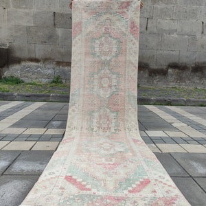 3x9 Pastel Varosh Kitchen Rug , Runner rug , 2.53&#39;&#39; x 8.73&#39;&#39; light (pink,green) Hallway rug, Corridor rug, boho rug,handmade rug,vintage rug