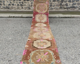 Turkish Kars crosses rug , 2.23 x 12.47 Runner Long Hallway Rug, Oushak boho handmade anatolian stair vintage rug