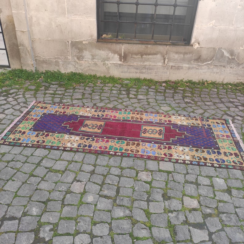 Vintage Turkish 3x7 Patchwork Runner Rug: Dark Red Aztec Hallway Rug (2.62 x 6.95 ft) kitchen rug image 7