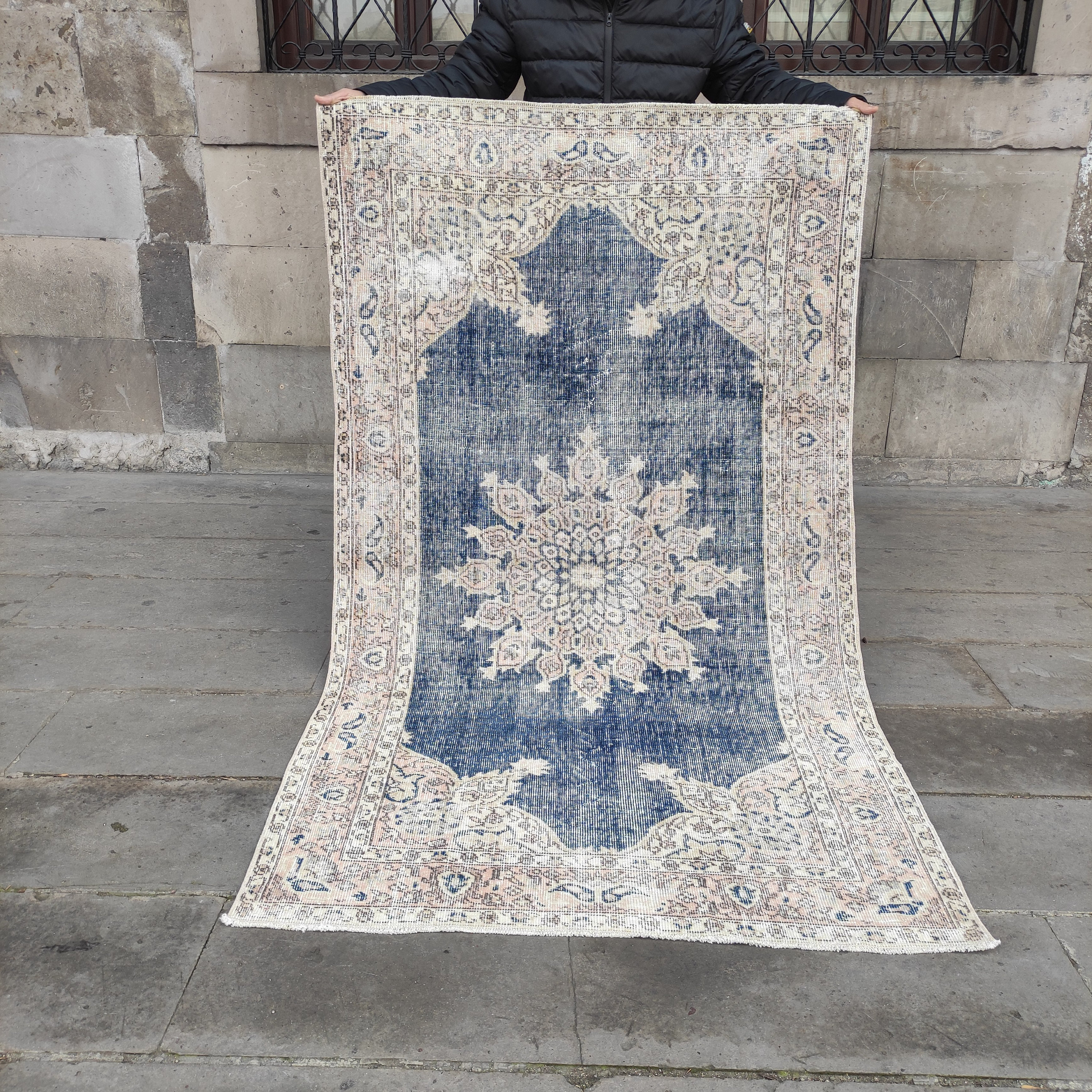 Vintage Turkish Karyola Rug: Navy Blue Boho Wool Rug (3.61