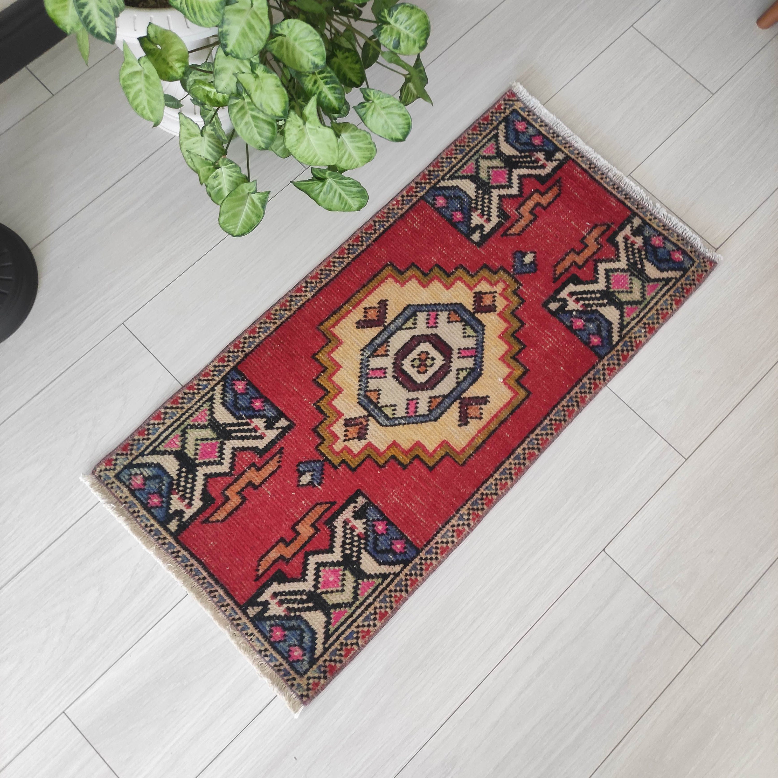 Tapis De Porte Turc Fait Main – Laine Rouge Sur Coton – 1,4x3,6 Ft