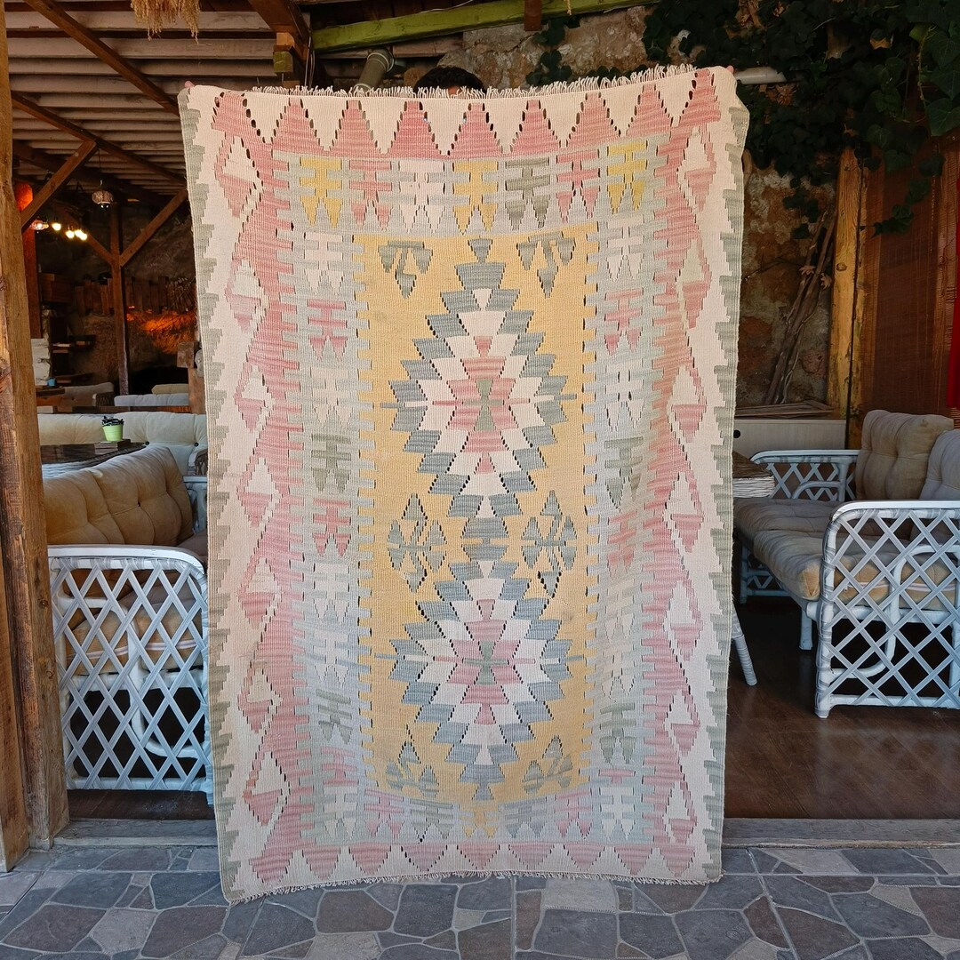 Faded Aztec Rug Turkish Faded Old Kilim Rug , Kitchen Kilim Rug: 3.60' X 5.41' Area Rug ...
