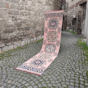 Runner Rug , Kitchen rug , 2.62''x 11'' pink , 3x11  navy blue , colorful area rug , boho carpet, handmade rug, distressed rug,vintage rug