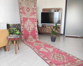 14 ft very long Runner Rug, 2.56&#39;&#39; x 14.2&#39;&#39; pink kitchen rug , herki boho rug, handmade rug, anatolian rug,decorative vintage rug,Long Rug