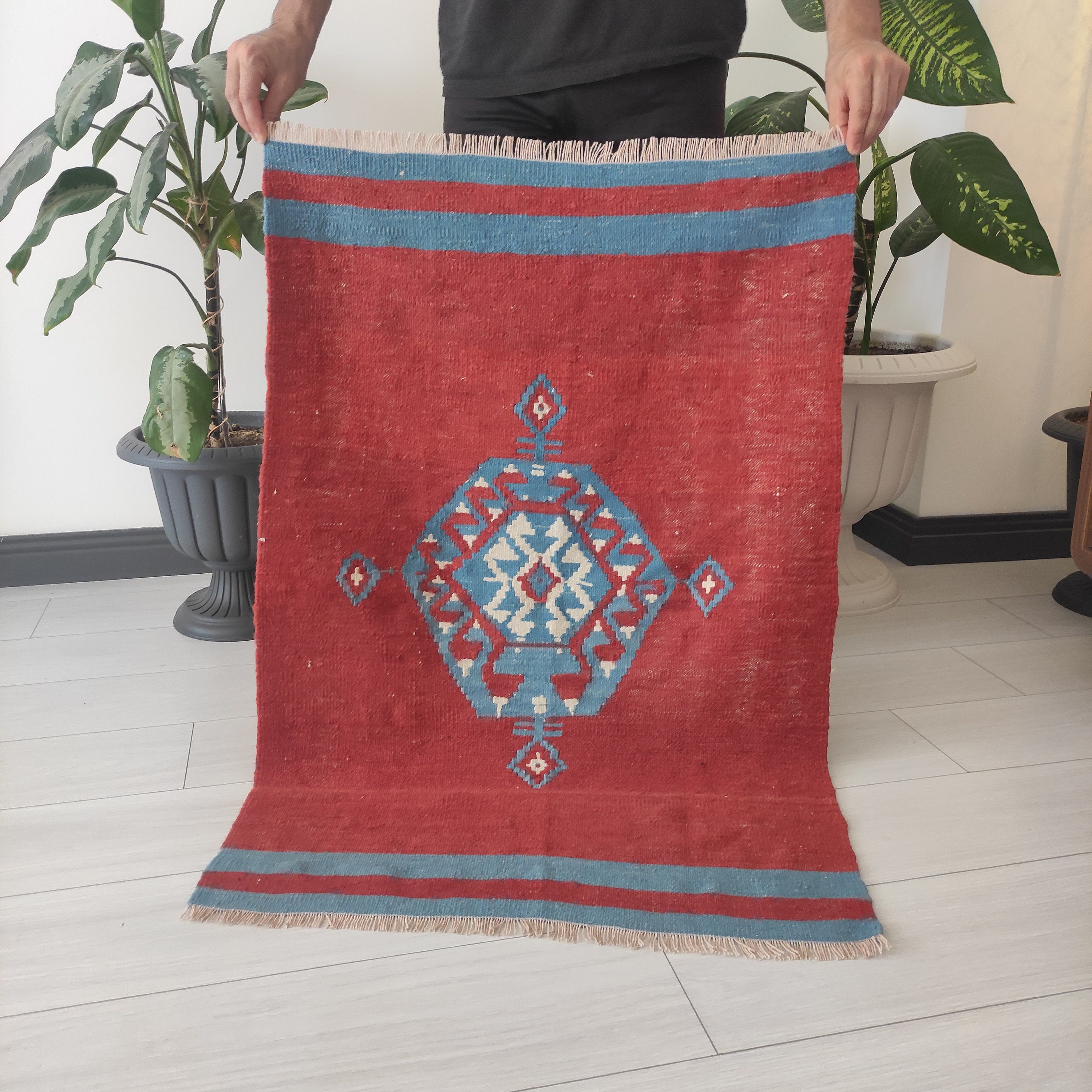 Vintage Turkish Kilim Rug: 2.46 X 3.51 Ft, Blue Aztec Wool Rug