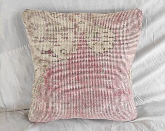 Turkish Faded Pillow , rug pillow , 16''x16'' tawny mulberry vintage pillow , pastel old pillow case, bed handknotted pillow