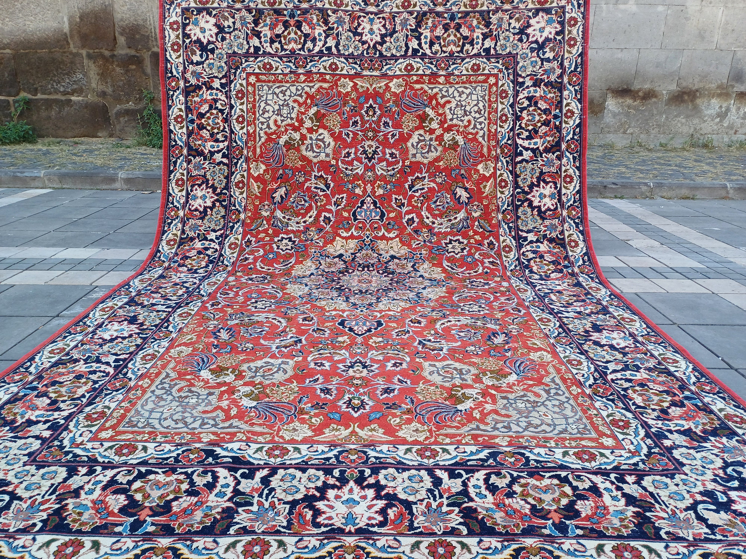 Oversized 8x12 Oriental Rug: Turkish Rug , Tomato Red & Navy Blue