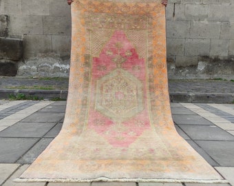 Best Turkish rug , 3.35''x7.02'' handmade yahyali rug , Tangerine Pastel area rug , decor designer rug , muted rug,floor rug,bathroom rug