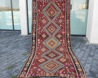 Oversized 5x11 Turkish Kars Kilim Runner Rug: 4.66 x 10.7 ft, Boho Aztec Wool Rug
