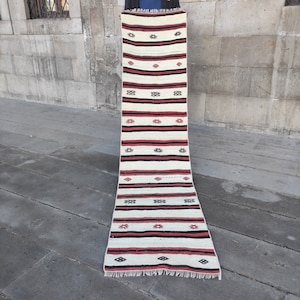 Vintage 2x8 Turkish Kilim Runner Rug: Red, Cream & Black, Bohemian Hallway Rug (1.9 x 8.1)