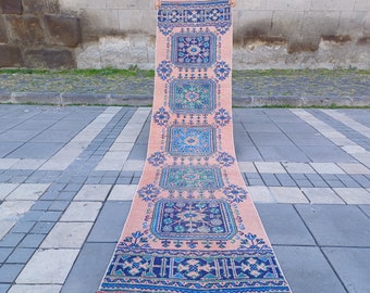 Handmade Boho Runner Rug: Colorful Vintage Turkish Wool, 2.56 x 10.2 ft kitchen rug