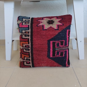Star motif Colorful Turkish Kars rug Pillow , Handmade Vintage Rug pillow , 16'' x 16'' throw pillow , boho pillowcase,indoor pillow