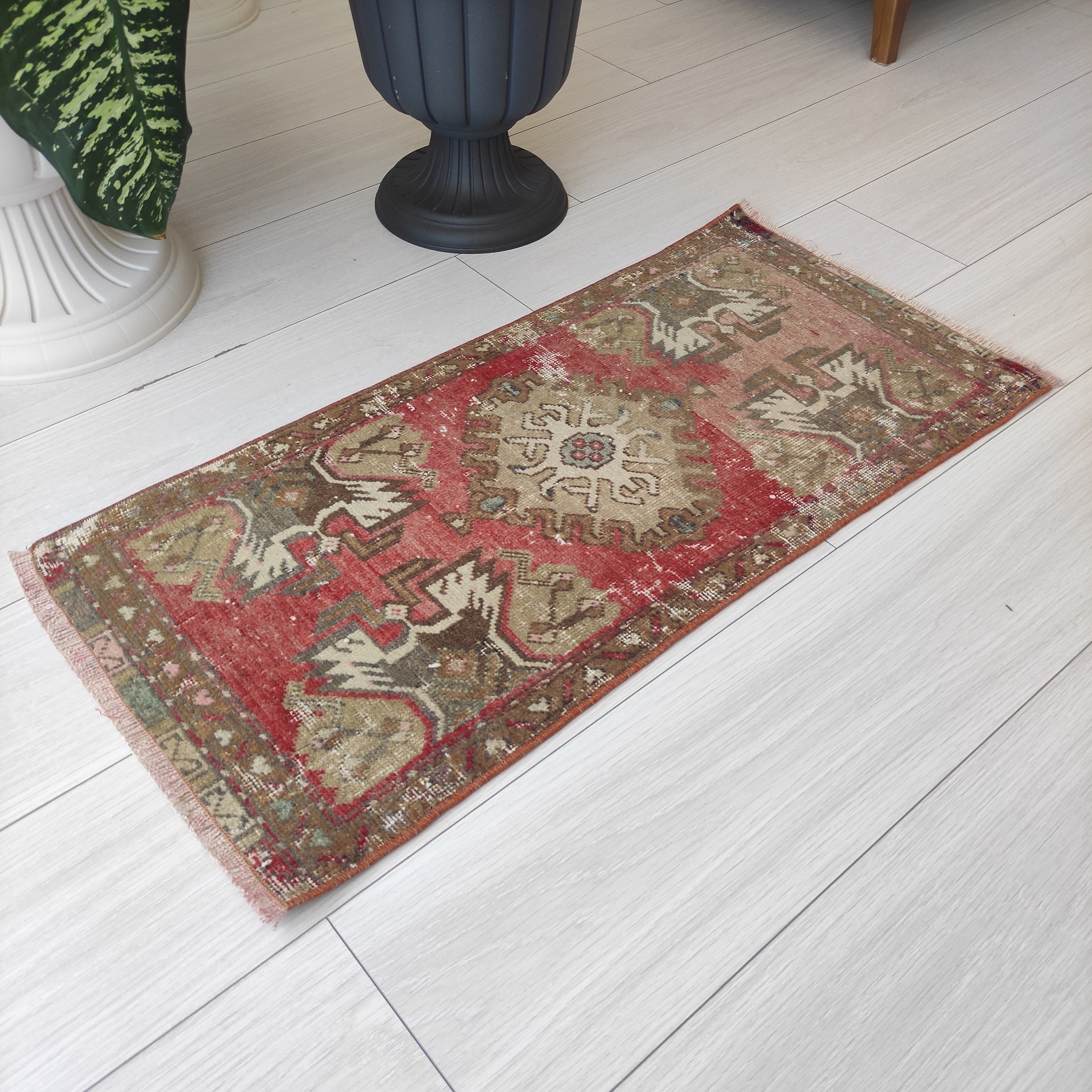 Handmade Turkish Wool Rug: Small Colorful Boho Door Mat (1.38'' X