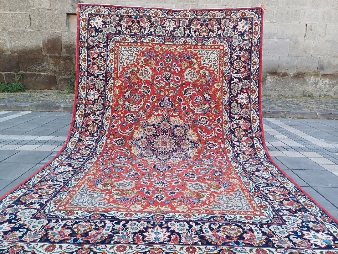 Oversized 8x12 Oriental Rug: Turkish Rug , Tomato Red & Navy Blue